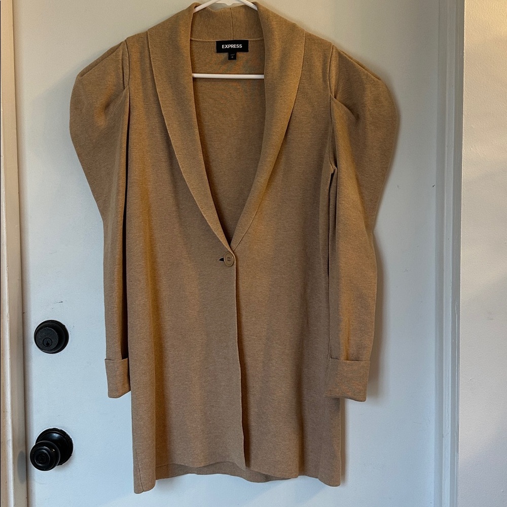 Express Puff Sleeve Long Blazer Tan Button Small